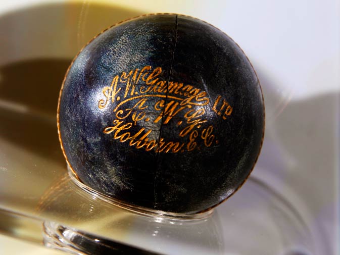 A blue cricket ball from 1897 is on display at the exhibition.
