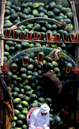 Pakistani farmers sit in a truck loaded with watermelons as they bargain with dealers at a fruit market in Lahore. Watermelon is considered an essential seasonal fruit to beat the summer heat and avoid dehydration. ? Photo by AFP