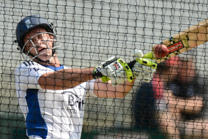 England's captain Andrew Strauss hits out in the nets. ? Photo by Reuters