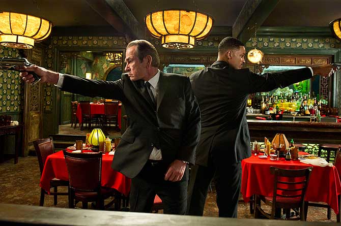 Actors Tommy Lee Jones (L) and Will Smith are shown in a scene from ?Men in Black 3?