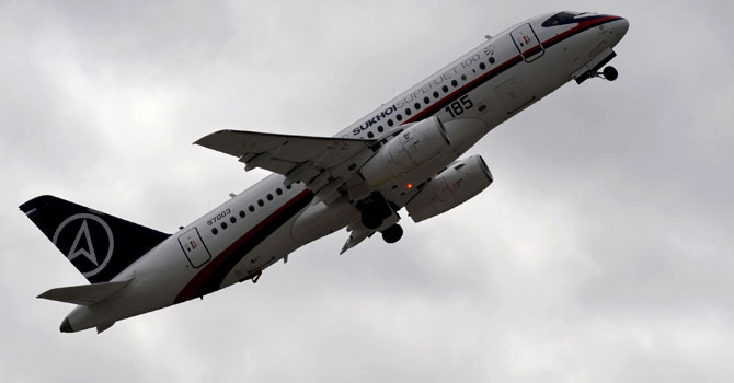 sukohi-supejet-afp_670 A Russian Sukhoi Superjet 100 on a demonstration flight with 46 people on board went missing south of the Indonesian capital Jakarta. – File photo by AFP