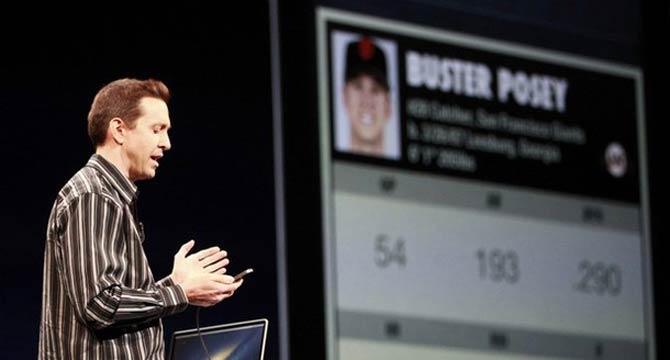 610x Scott Forstall, senior vice president of iOS Software at Apple Inc. , uses Siri to get information on the San Francisco Giants' Buster Posey during the Apple Worldwide Developers Conference 2012 in San Francisco. – Reuters
