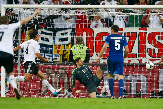 Germany's Sami Khedira scores a goal during the Euro 2012 quarter-final match against Greece.
