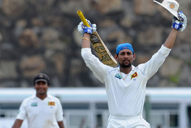 Dilshan cracked 13 fours and a six in his 180-ball 101. It was Dilshan's first Test century at home since making 123 not out against New Zealand at Galle in August 2009. -Photo by AFP