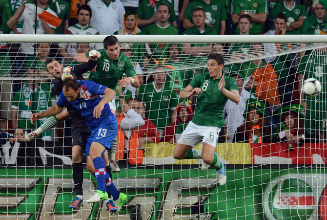 Croatian goakeeper Stipe Pletikosa makes a save during the Republic of Ireland vs Croatia match at the Municipal Stadium in Poznan.