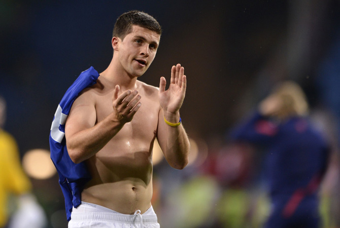 Croatian midfielder Ognjen Vukojevic celebrates at the end of the Republic of Ireland vs Croatia match at the Municipal Stadium in Poznan.