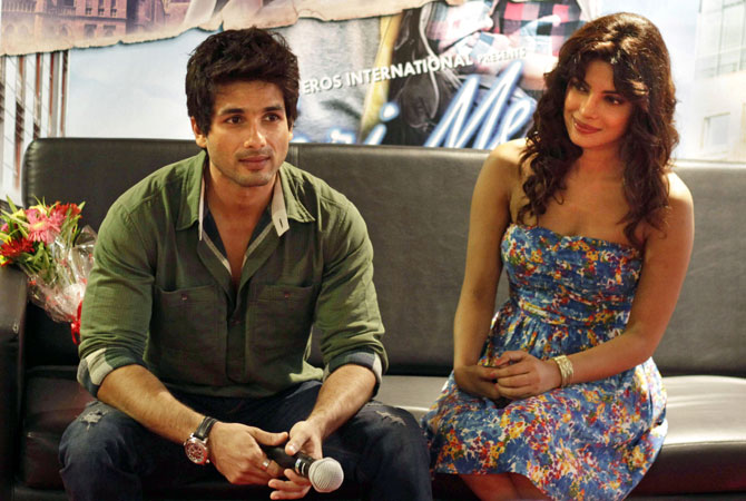 Bollywood actors Shahid Kapoor, left, and Priyanka Chopra attend a press conference on their upcoming film "Teri Meri Kahaani," in Ahmedabad, India. -Photo by AP