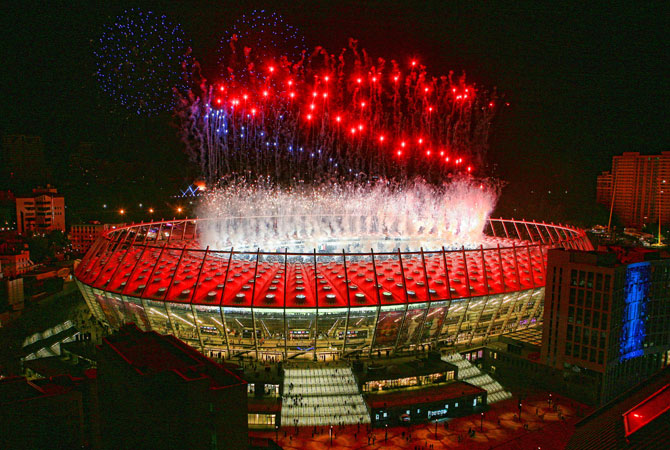 Fireworks explode above the Olympic stadium after the Euro 2012. ? Photo by Reuters