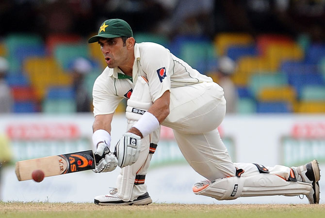 Pakistan cricket captain Misbah-ul-Haq plays a shot during the second day of the second Test match between Sri Lanka and Pakistan at the Sinhalese Sports Club (SSC) in Colombo on July 1, 2012. ? Photo AFP
