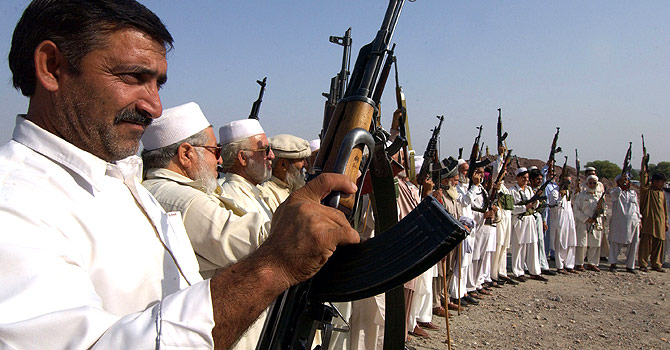 daraadamforce_670 Tribesmen from the tribal forces gather against militants in Darra Adam Khel on September 29, 2008. – File photo by AFP