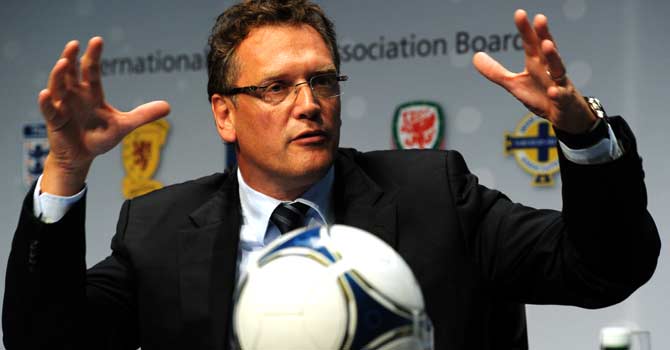 jerome-valcke-fifa-goalline-ap-670 Fifa Secretary General Jerome Valcke gestures during a press conference after a meeting of the International Football Association Board (IFAB) on July 5, 2012 in Zurich. Goal-line technology, additional assistant referees and the wearing of headscarves by female players were three of the main topics discussed at the Ifab Special Meeting. – Photo by AP