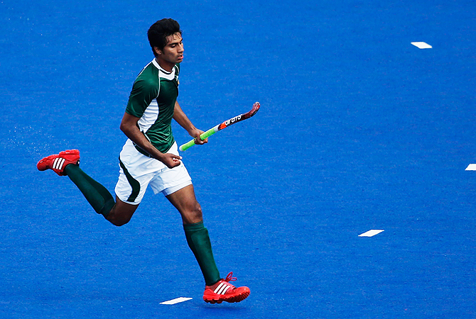 Pakistan's Muhammad Waqas celebrates scoring a goal. -Photo by AP