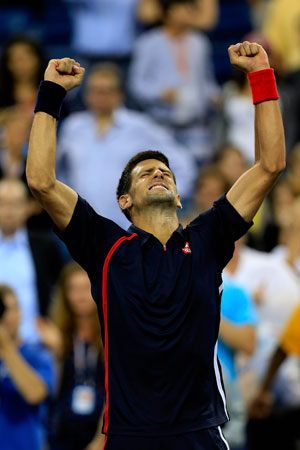Novak Djokovic of Serbia celebrates match point after his men's singles quarterfinal match against Juan Martin Del Potro of Argentina on Day Eleven of the 2012 U.S. Open.