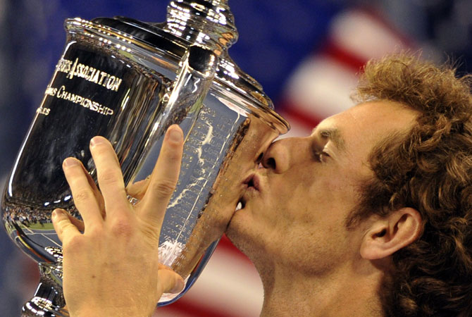 Andy Murray of Great Britain (3) after he wins against Novak Djokovic of Serbia (2) during their 2012 US Open men's singles finals match at the USTA Billie Jean King National Tennis Center in New York on September 10, 2012.