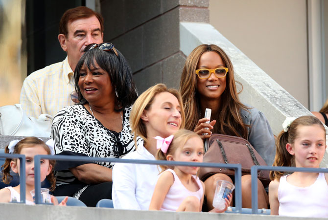 Tyra Banks watches the women's singles final match on Day Fourteen of the 2012 US Open.