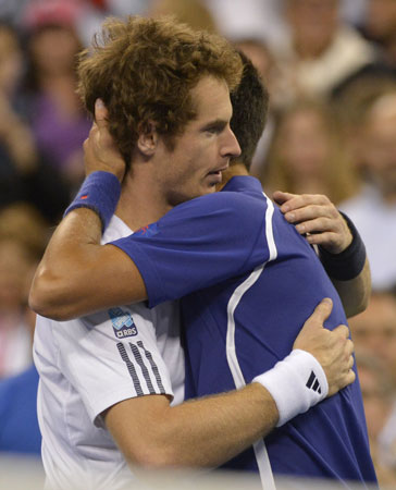 Andy Murray of Great Britain (3) after he wins against Novak Djokovic of Serbia (2) during their 2012 US Open men's singles finals match.