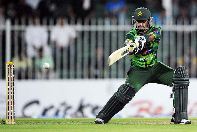 Mohammad Hafeez plays a shot. -Photo by AFP