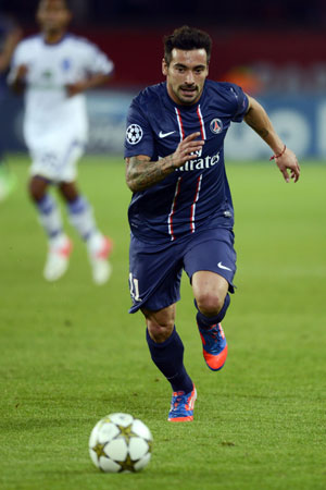 Paris Saint-Germain's Argentine forward Ivan Lavezzi vies during the UEFA Champions League in Paris. ? Photo by AFP