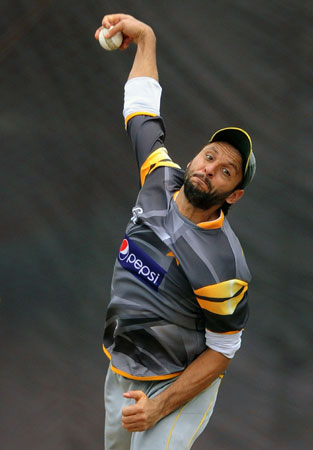 Pakistan cricketer Shahid Afridi delivers a ball during an ICC Twenty20 Cricket World Cup practice session at the P. Sara Oval Cricket Stadium. ? Photo by AFP