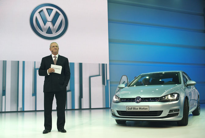 Volkswagen CEO Martin Winterkorn speaks at the Volkswagen Group Night, in Paris.
