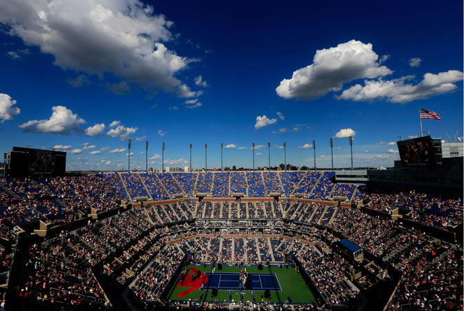 A general view of Arthur Ashe Stadium is seen as a ceremony honoring Andre Agassi's induction into the Court of Championships takes place on Day Fourteen of the 2012 U.S. Open.