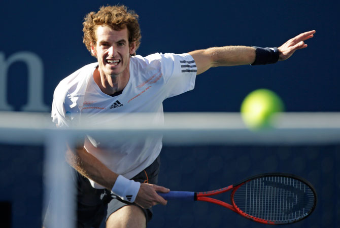 Britain's Andy Murray serves to Serbia's Novak Djokovic during the championship match at the 2012 US Open.