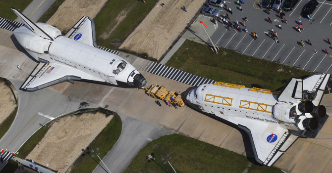 NASA handout photo of space shuttles Endeavour and Atlantis at Kennedy Space Center