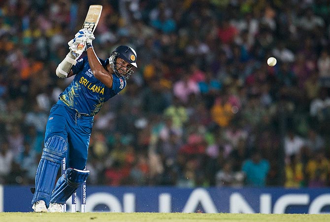 Sri Lanka's Kumar Sangakkara plays a shot. -Photo by AFP