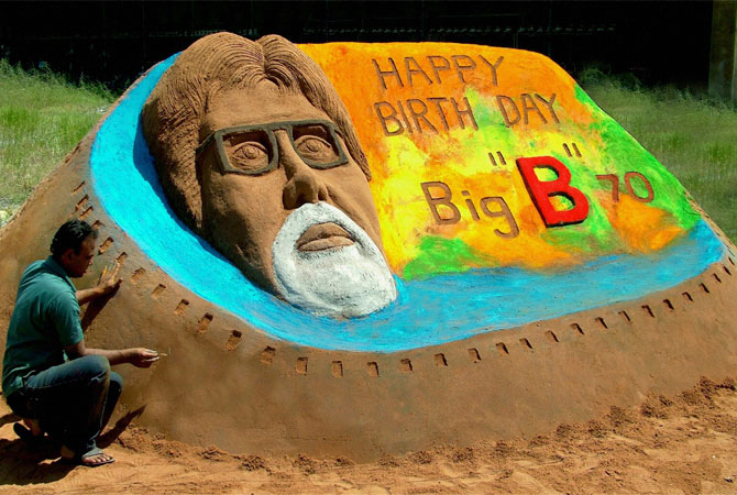 Artist Rajesh Muliya creates a sand sculpture of Bollywood's biggest star Amitabh Bachchan a day ahead of his 70th birthday, in Thangadh, India, Wednesday, Oct. 10, 2012. ? Photo by AP