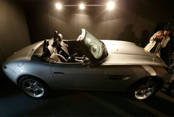 A pre-production replica MBW Z8 roadster made for the film 'The World is Not Enough' starring Pierce Brosnan is seen at a press preview of the James Bond movie memorabilia charity auction at Christie's auction house in London, Friday, Sept. 28, 2012. The car is expected to sell fro some 25-30,000 British pounds ($38-53,000 euro 2-39,000) with the proceeds going to UNICEF.