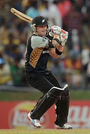 New Zealand's Brendon McCullum hits out during the Twenty20 World Cup Super 8 cricket match against the West Indies at Pallekele, Sri Lanka October 1. - Photo by Reuters