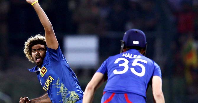 Lasith Malinga celebrates taking the wicket of England's Alex Hales ? Photo by Reuters