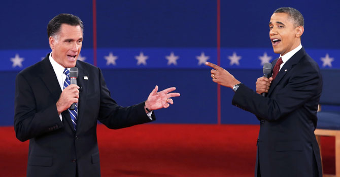 U.S. Republican presidential nominee Romney and U.S. President Obama speak directly to each other during the second U.S. presidential debate in Hempstead