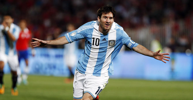 Argentina's Messi celebrates after he scored a goal against Chile during their 2014 World Cup qualifying soccer match in Santiago