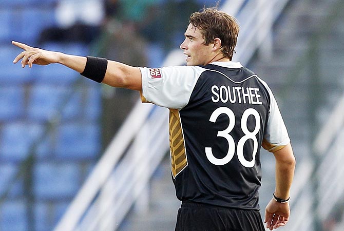 Tim Southee celebrates the dismissal of West Indies' captain Darren Sammy. -Photo by AP