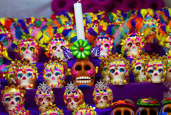 Mexican traditional sugar "Calaveritas" (Little Skulls) are displayed at the Jamaica market in Mexico City, as Mexicans prepare to celebrate the traditional Day of the Dead.