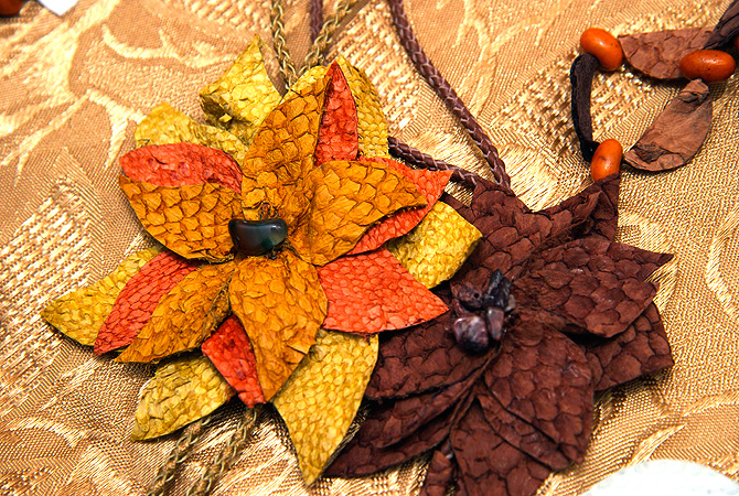 Jewellery made from treated fish skin, by Esther Nunez of Argentina. ? Reuters Photo
