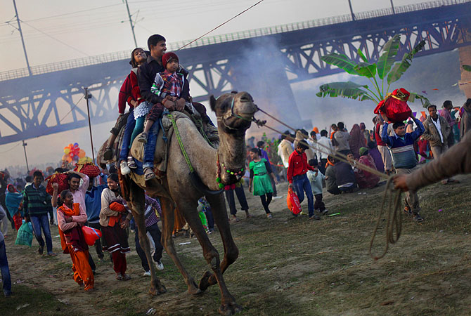 Indian Hindu children enjoy a camel ride on the banks of the holy Yamuna River during the final day of Chhath Puja festival in New Delhi.?Photo by AP