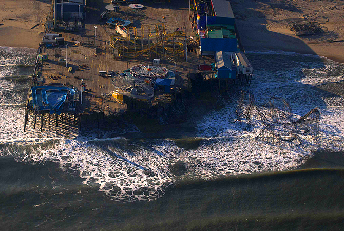 The Casino Pier amusement park is seen destroyed in this aerial view over Seaside Heights, New Jersey, almost a month after the area was hit by Hurricane Sandy.?Photo by Reuters