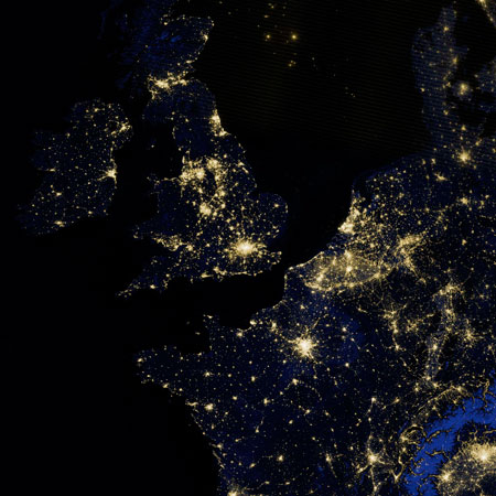 A NASA Earth Observatory image released December 5, 2012 shows Britain, Ireland and part of Western Europe as it appeared on the night of March 27, 2012.