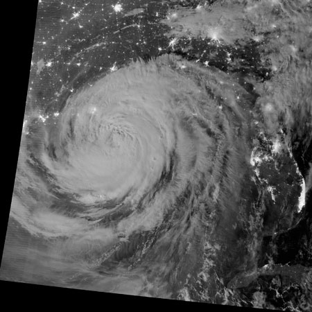 Night time view of Hurricane Isaac in this August 29, 2012 satellite image courtesy of NASA.