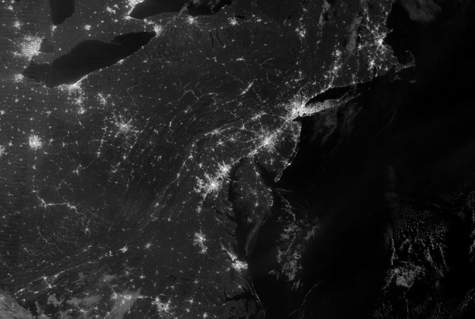 Night time view of a blackout in New York and New Jersey following Hurricane Sandy in this November 1, 2012 satellite image courtesy of NASA.