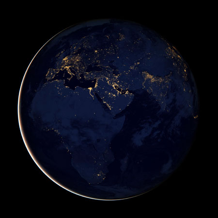 Lights across the earth are pictured in this NASA handout satellite image obtained by Reuters December 5, 2012. This new image of the Earth at night is a composite assembled from data acquired by the Suomi National Polar-orbiting Partnership (Suomi NPP) satellite over nine days in April 2012 and thirteen days in October 2012. It took 312 orbits and 2.5 terabytes of data to get a clear shot of every parcel of Earth's land surface and islands.