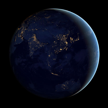 A NASA Earth Observatory handout released December 5, 2012 of a composite image of Europe, Africa, and the Middle East at night, assembled from data acquired by the Suomi NPP satellite in April and October 2012.