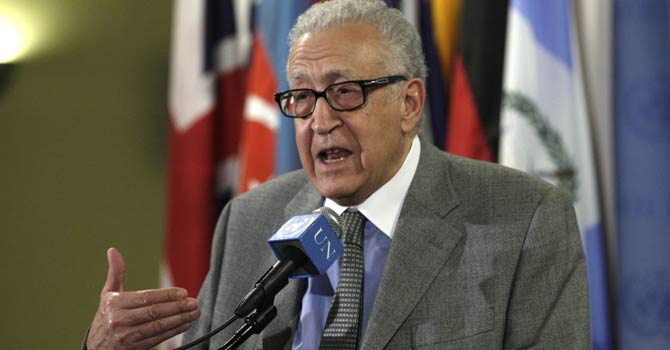 In this Nov 29, 2012 file photo, Lakhdar Brahimi, Joint Special Representative of the United Nations and the League of Arab States for Syria, answers media questions after consultations at United Nations headquarters. A government airstrike on a bakery in a rebel-held town in central Syria killed more than 60 people, activists said, casting a pall over a visit by Brahimi, the international envoy charged with negotiating an end to the country's civil war. - AP File Photo