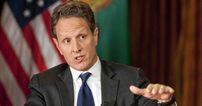 In this Nov 30, 2012, photo provided by CBS News Treasury Secretary Timothy Geithner answers questions about averting the “fiscal cliff” on an episode of “Face the Nation” on Sunday, Dec 2, 2012 Geithner said Republicans have to stop using fuzzy “political math” and say how much they are willing to raise tax rates on the wealthiest two per cent of Americans and then specify the spending cuts they want. - AP Photo