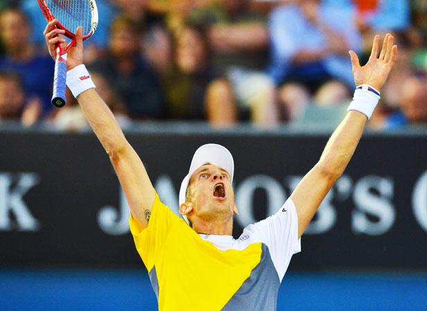 Finland's Jarkko Nieminen celebrates after his victory against Germany's Tommy Haas during their men's singles first round match.