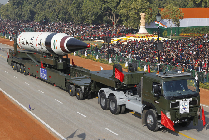 A surface-to-surface Agni V missile is displayed during the Republic Day parade in New Delhi January 26, 2013. India celebrated its 64th Republic Day.