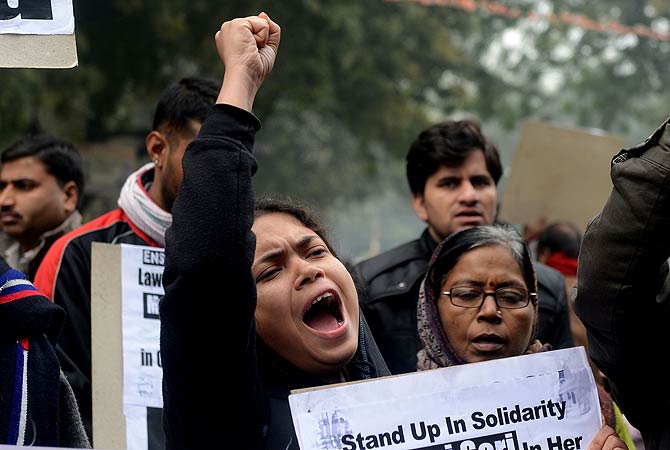 Indian protestors shout anti-government slogans during a protest against rape in New Delhi on January 2, 2013. The family of an Indian gang-rape victim said that they would not rest until her killers are hanged as police finalised their investigation before charges are laid against suspects this week. As the ruling Congress party reportedly pushed for tougher punishments for sex crimes, including chemical castration, authorities in New Delhi launched a hotline to improve safety for women in a city dubbed "India's