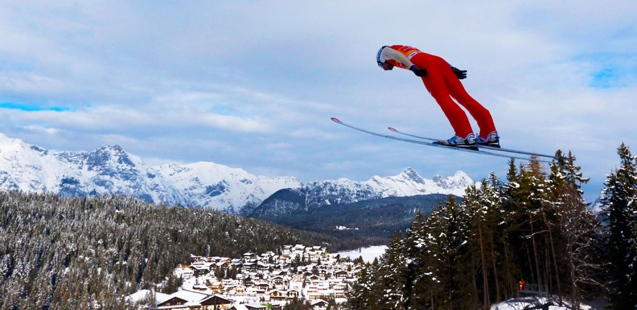 Jason Lamy Chappuis of France soars through the air during his training jump at the Nordic Combined World Cup competition. ?Photo by AP